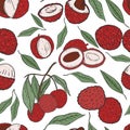 Seamless pattern with lychee fruits vector. Background with colored lychees, whole and halves, on a branch and leaves