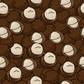 Seamless pattern of macadamia nuts in shell and without on a dark brown background Royalty Free Stock Photo