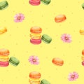 Seamless Pattern Macaroon and Pink Flower for Packaging ,Brown background for children clothing. Watercolor Hand drawn Royalty Free Stock Photo