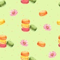 Seamless Pattern Macaroon and Pink Flower for Packaging ,Brown background for children clothing. Watercolor Hand drawn Royalty Free Stock Photo