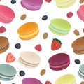 Seamless pattern with macaroons, strawberry, raspberry, blueberry and almond. French pastries in watercolor style.