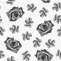 Seamless pattern made from black and white roses and rose leaves Royalty Free Stock Photo