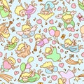 Seamless pattern made from cartoon girls, angels, cupids, hearts