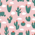 Seamless pattern made with cute cacti and clouds