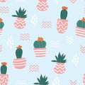Seamless pattern made with cute cacti in pink pots