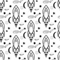 Seamless pattern made with doodle rockets, planets, stars, comets. Isolated on white background. Vector stock illustration Royalty Free Stock Photo