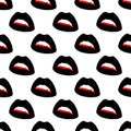 Seamless pattern made from flat black open lips with vampire fangs. Isolated on white background. Vector stock