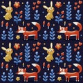 Seamless pattern made with fox, rabbit, hare, flowers, animals, plants, hearts