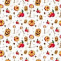 Seamless pattern, made of Halloween witchcraft symbols, hand drawn watercolor illustration