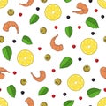 Seamless pattern made from hand drawn lemons, shrimps, pepper. White background. For packaging, advertisements, menu for cafe and