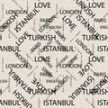 Seamless pattern made of handwritten text. English London Paris Turkish words and lettern written by hand in black and white