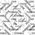 Seamless pattern made of handwritten text. English London Paris Turkish words and lettern written by hand in black and white