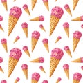 Seamless pattern, made of pink sweet ice cream, hand drawn food watercolor illustration Royalty Free Stock Photo