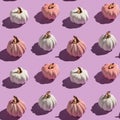 Seamless pattern made with pink and white decorative autumn pumpkins flat lay on lilac background in hard light Royalty Free Stock Photo