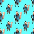 Seamless pattern made of portraits of male cameraman with retro camera isolated on navy studio background. Royalty Free Stock Photo