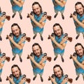 Seamless pattern made of portraits of male cameraman with retro camera isolated on pink studio background. Royalty Free Stock Photo