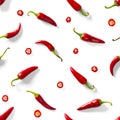 Seamless pattern made of red chili or chilli on white background. Minimal food pattern. Red hot chilli seamless peppers pattern. Royalty Free Stock Photo