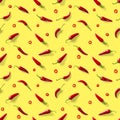 Seamless pattern made of red chili or chilli on yellow background. Minimal food pattern. Red hot chilli seamless peppers pattern. Royalty Free Stock Photo