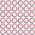 Seamless pattern made of red clock showing different time, isolated on white