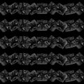 Seamless pattern made of rows of black wrapped gift boxes decorated with bows on black Square format