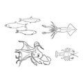 Seamless pattern made with underwater plants and animals. Hand drawn doodle monochrome starfish, shells, squid, fish Royalty Free Stock Photo