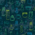 Seamless pattern with magic bottles. Empty alchemy jars for potions.