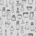 Seamless pattern with magic bottles. Empty alchemy jars for potions.