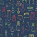 Seamless pattern with magic bottles. Empty alchemy jars for potions.