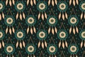 Seamless pattern with magic dream catchers with beads, feathers on a black background. Vector illustration, retro Royalty Free Stock Photo