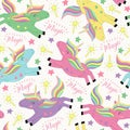 Seamless pattern with magic flying unicorn