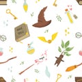 Seamless pattern with magic items and tools