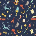 Seamless pattern with magic items and tools