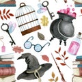 seamless pattern with magic items. witchcraft, school of wizards.