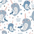 Seamless pattern with magic narwhals.. Creative winter childish texture. Great for fabric, textile Vector Illustration Royalty Free Stock Photo