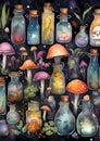 Seamless pattern with magic potion bottles, mushrooms and plants