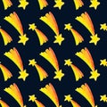 Seamless pattern of magic stars on a dark blue background, painted in watercolor.