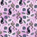 Seamless pattern with magic things. Witch`s background. Halloween mistical design.