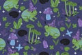 Seamless pattern with magic toads in hats. Vector graphics