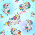 Seamless pattern with magic unicorns. Blue sky background with stars. For boys. Vector