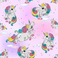 Seamless pattern with magic unicorns. Pink sky background with stars. For girls. Vector