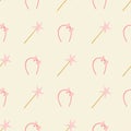 Seamless pattern of magic wand and cute headband with a bow on a creme background.