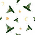 Seamless pattern with magic watercolor hats, stars and moon. Design for the paper, fabric and textile.