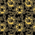 Seamless pattern with magical esoteric, runic symbols and steampunk elements . Mechanisms and Sacred geometry. Occult ancient