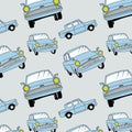 Seamless pattern with Magical flying car in monochrome style.