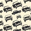 Seamless pattern with Magical flying car in monochrome style.