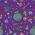 Seamless pattern of Magician and alchemy tools: mandrake, crystal, roots, potion, feather, mushrooms, spoon. Halloween