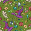 Seamless pattern of Magician and alchemy tools: skull, crystal, roots, potion, feather, mushrooms, hat. Halloween