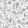 Seamless pattern of Magician and alchemy tools: skull, crystal, roots, potion, feather, mushrooms, hat. Halloween