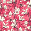 Seamless pattern with magnolia tree blossom. Pink floral background with branch and white magnolia flower. Spring design Royalty Free Stock Photo