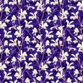 Seamless pattern with magnolia tree blossom. Purple floral background with branch and white magnolia flower. Spring Royalty Free Stock Photo